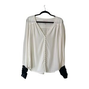Cinq à Sept Francis Silk Blouse Faux Leather Cuff Button Front Ivory/Black Sz M
